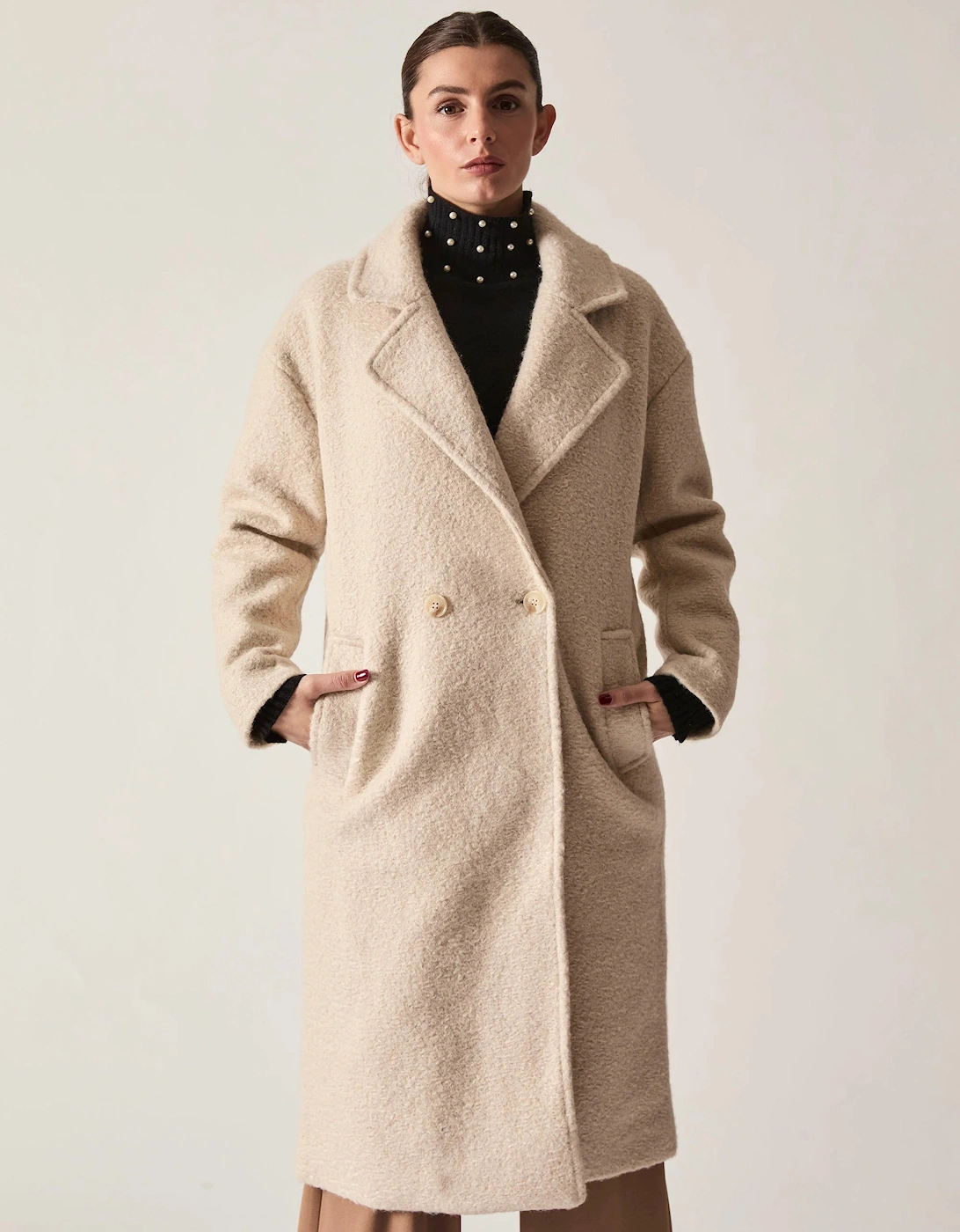 Cream Textured Double-Breasted Long Coat
