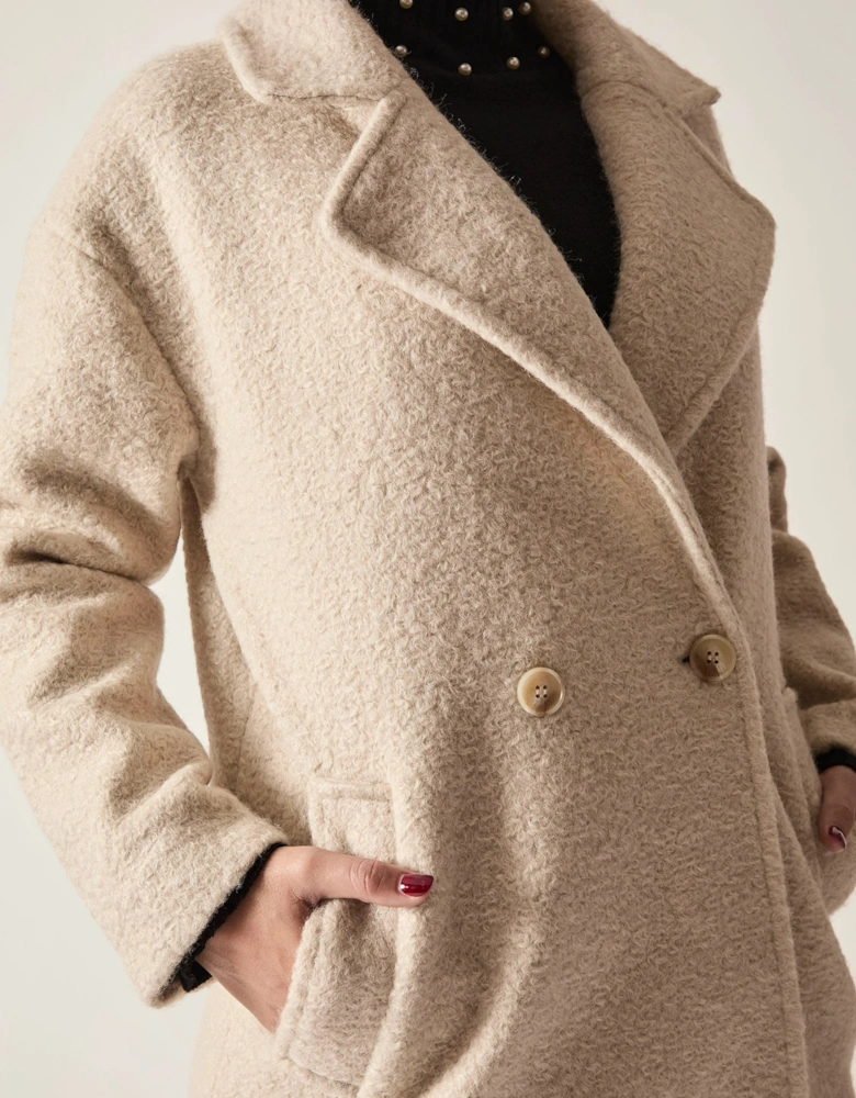 Cream Textured Double-Breasted Long Coat