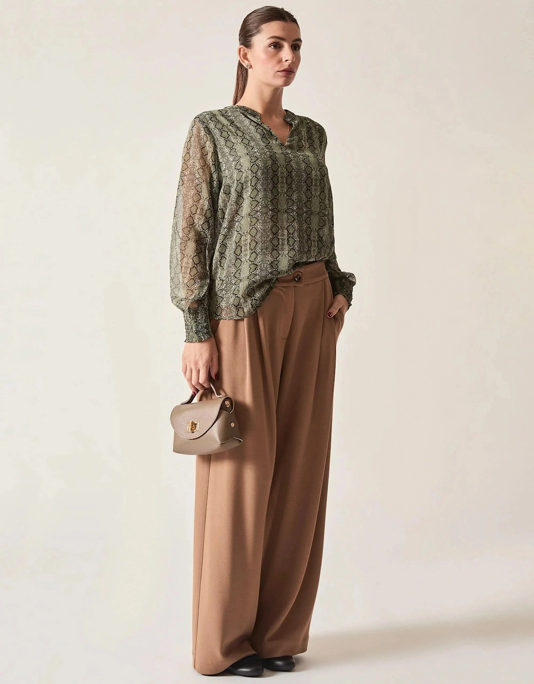 Green Multi-Tone Snake Print Sheer-Sleeve Blouse