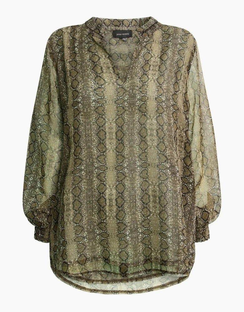 Green Multi-Tone Snake Print Sheer-Sleeve Blouse