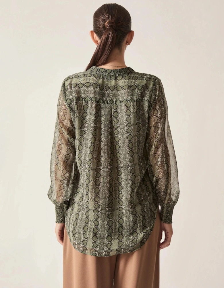 Green Multi-Tone Snake Print Sheer-Sleeve Blouse