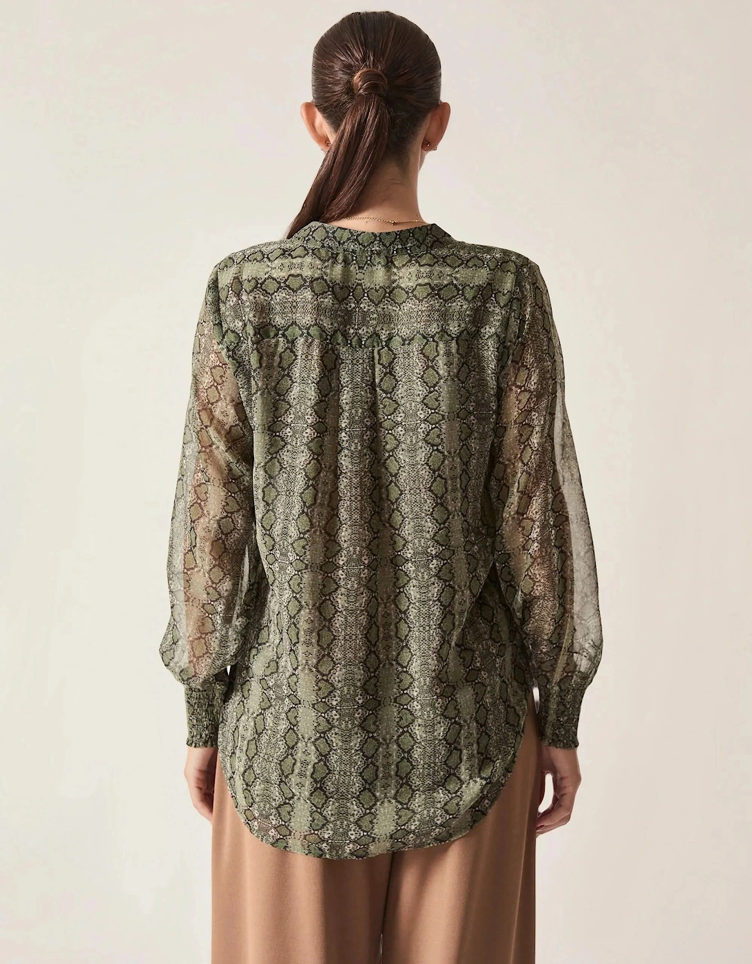 Green Multi-Tone Snake Print Sheer-Sleeve Blouse
