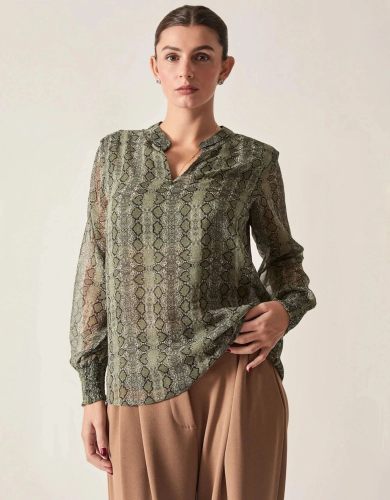 Green Multi-Tone Snake Print Sheer-Sleeve Blouse
