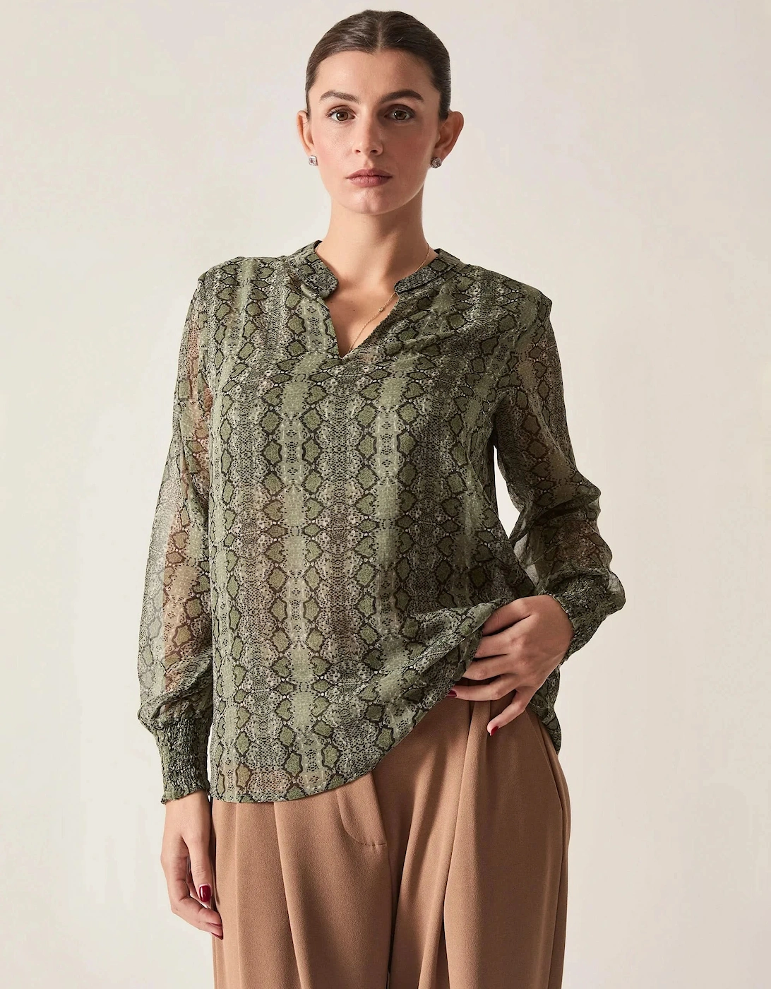 Green Multi-Tone Snake Print Sheer-Sleeve Blouse