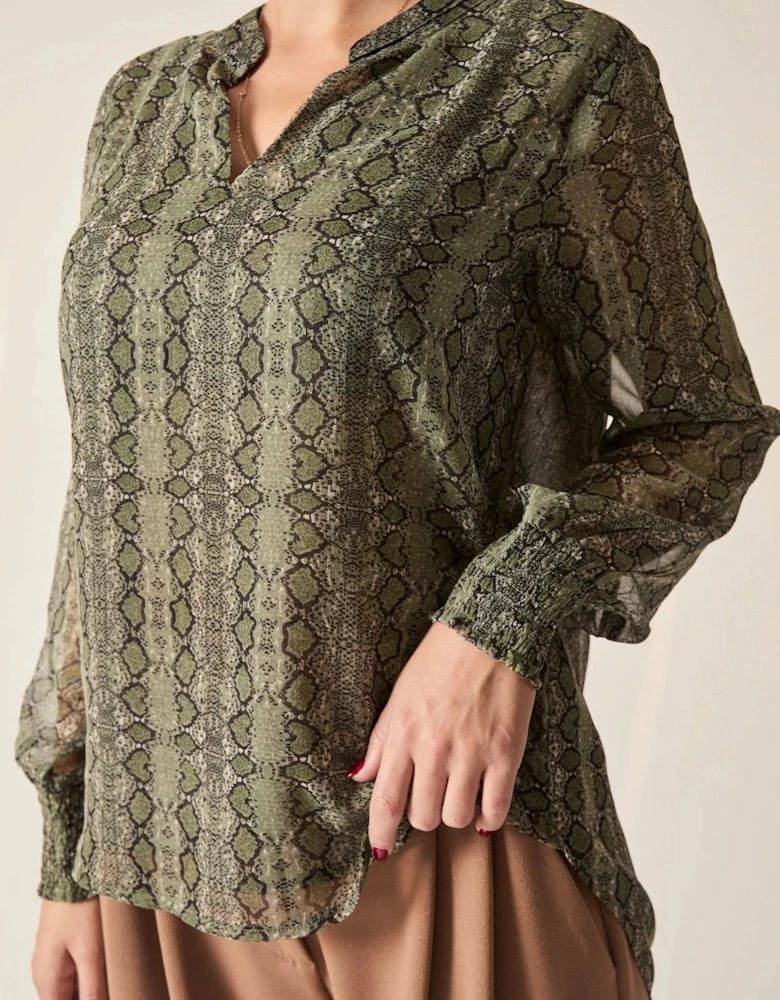Green Multi-Tone Snake Print Sheer-Sleeve Blouse