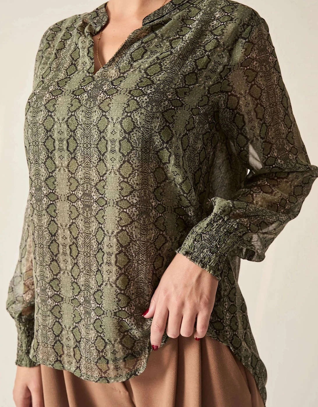 Green Multi-Tone Snake Print Sheer-Sleeve Blouse