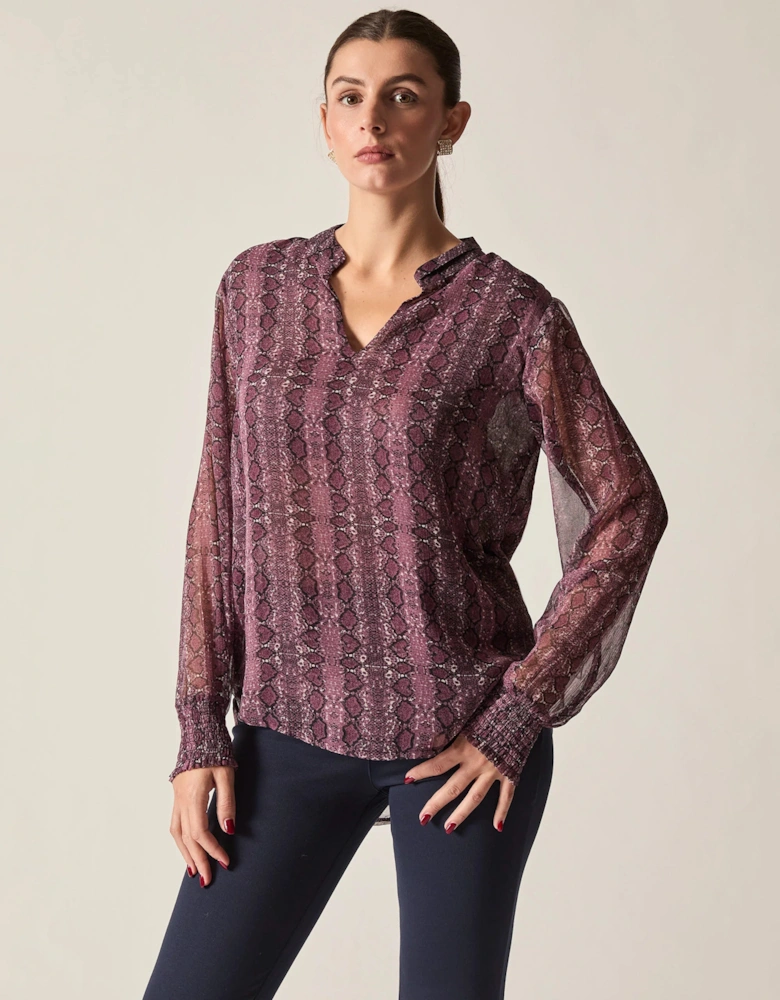 Purple Snake Print Sheer-Sleeve Blouse