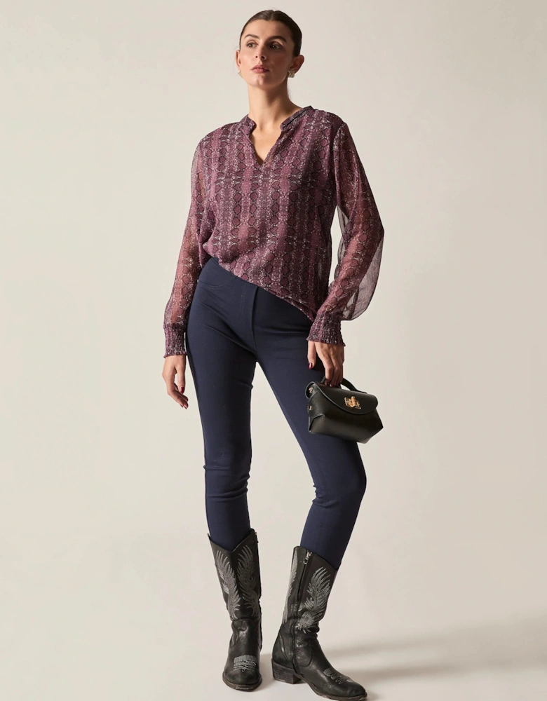 Purple Snake Print Sheer-Sleeve Blouse
