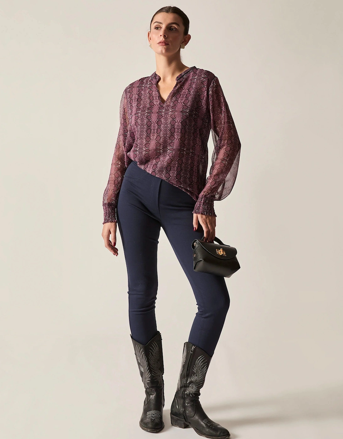 Purple Snake Print Sheer-Sleeve Blouse