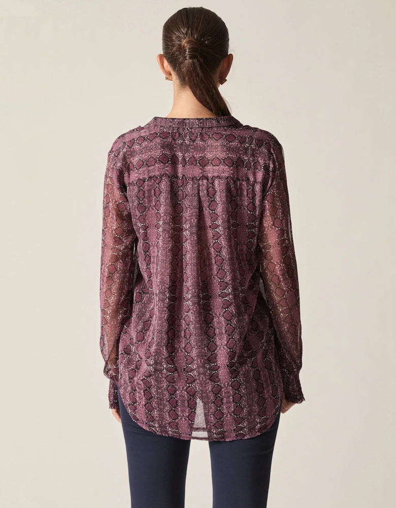 Purple Snake Print Sheer-Sleeve Blouse