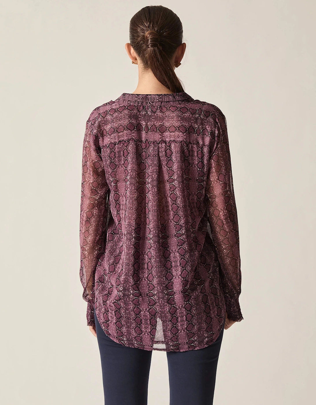 Purple Snake Print Sheer-Sleeve Blouse