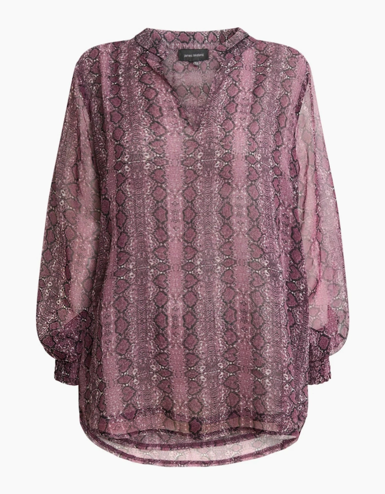Purple Snake Print Sheer-Sleeve Blouse