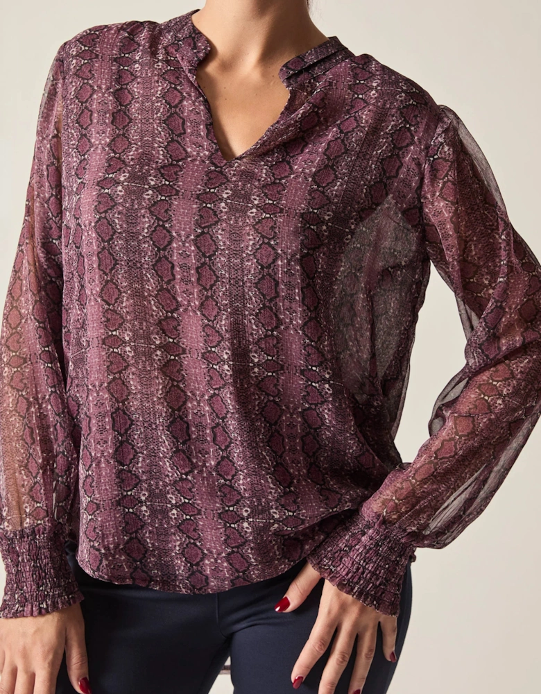 Purple Snake Print Sheer-Sleeve Blouse