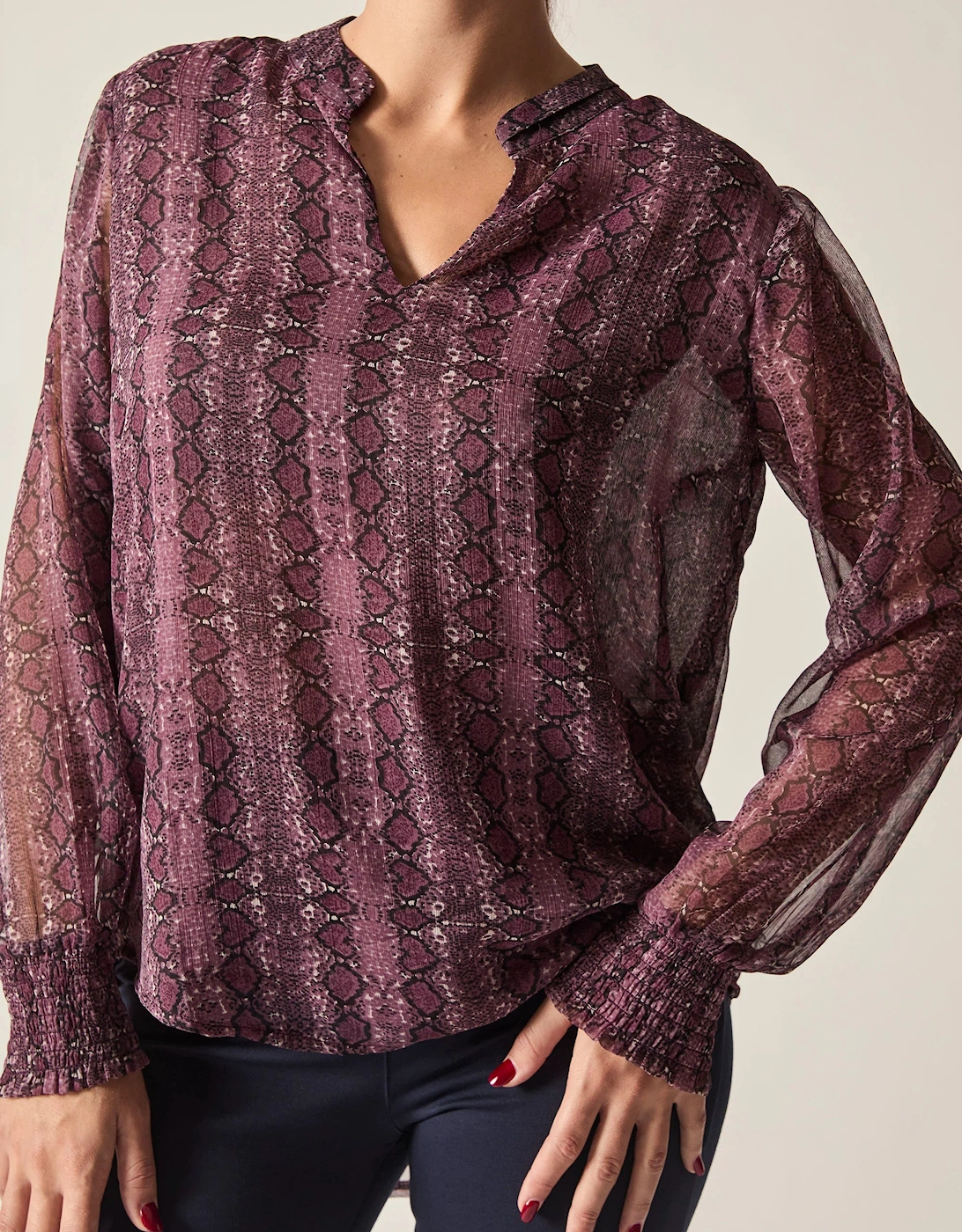 Purple Snake Print Sheer-Sleeve Blouse