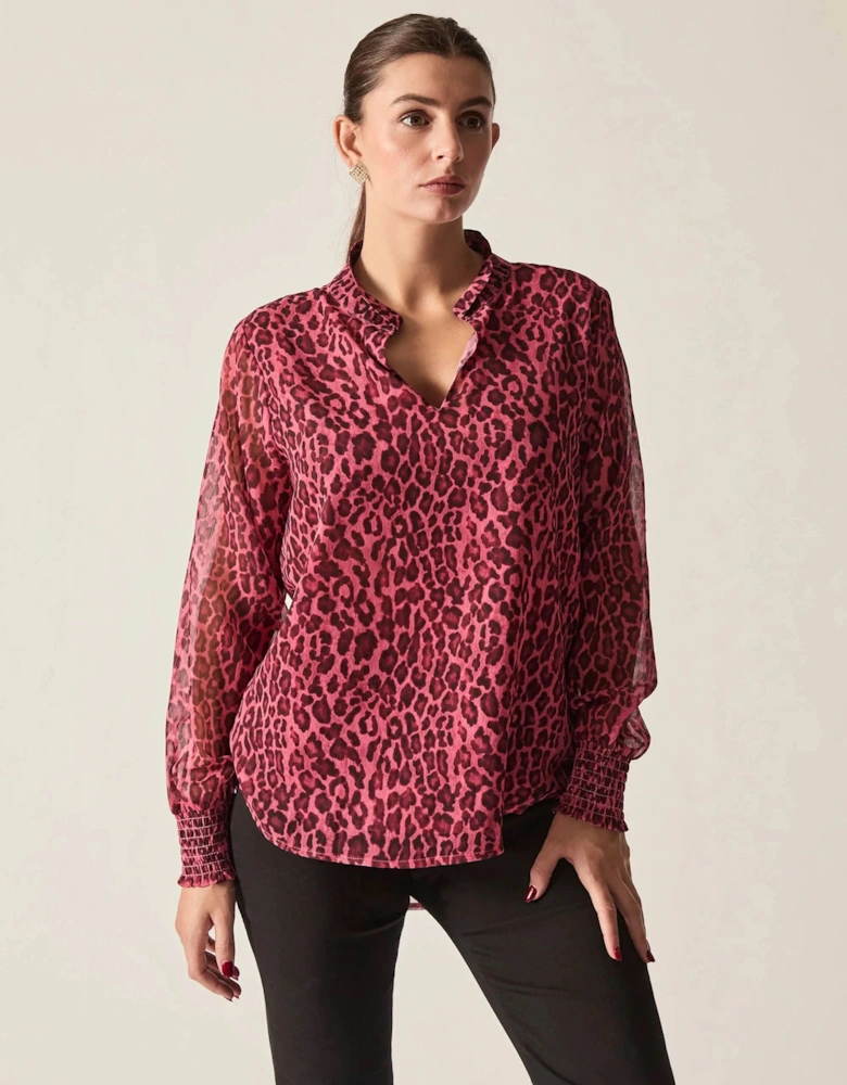 Raspberry Leopard-Print Sheer-Sleeve Blouse