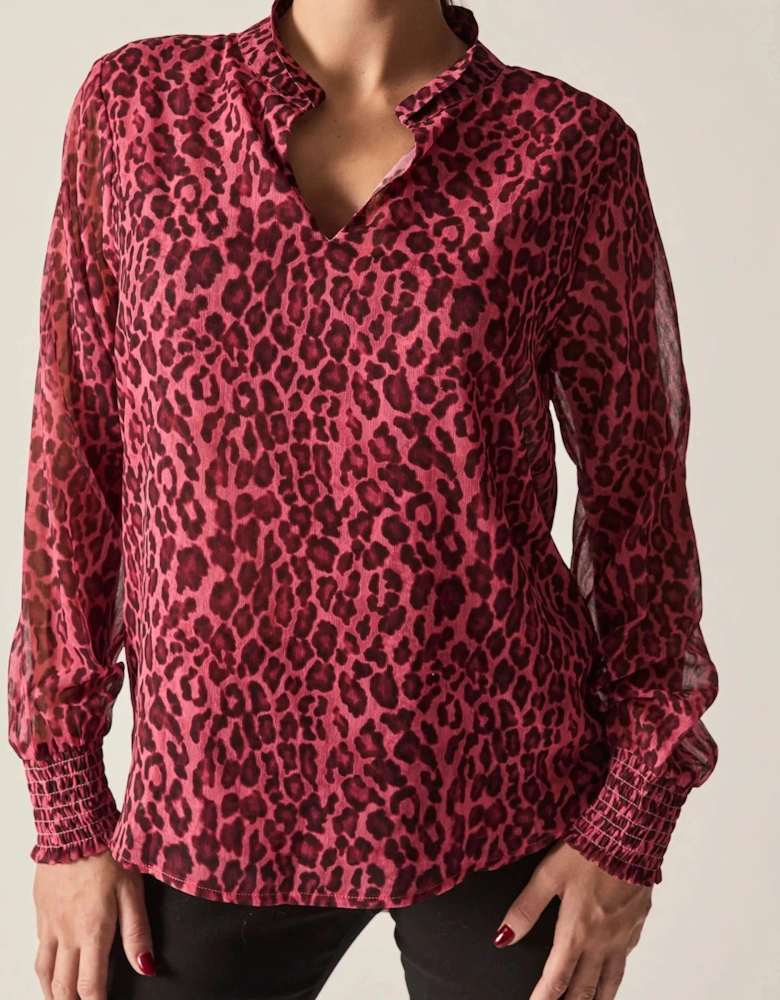 Raspberry Leopard-Print Sheer-Sleeve Blouse