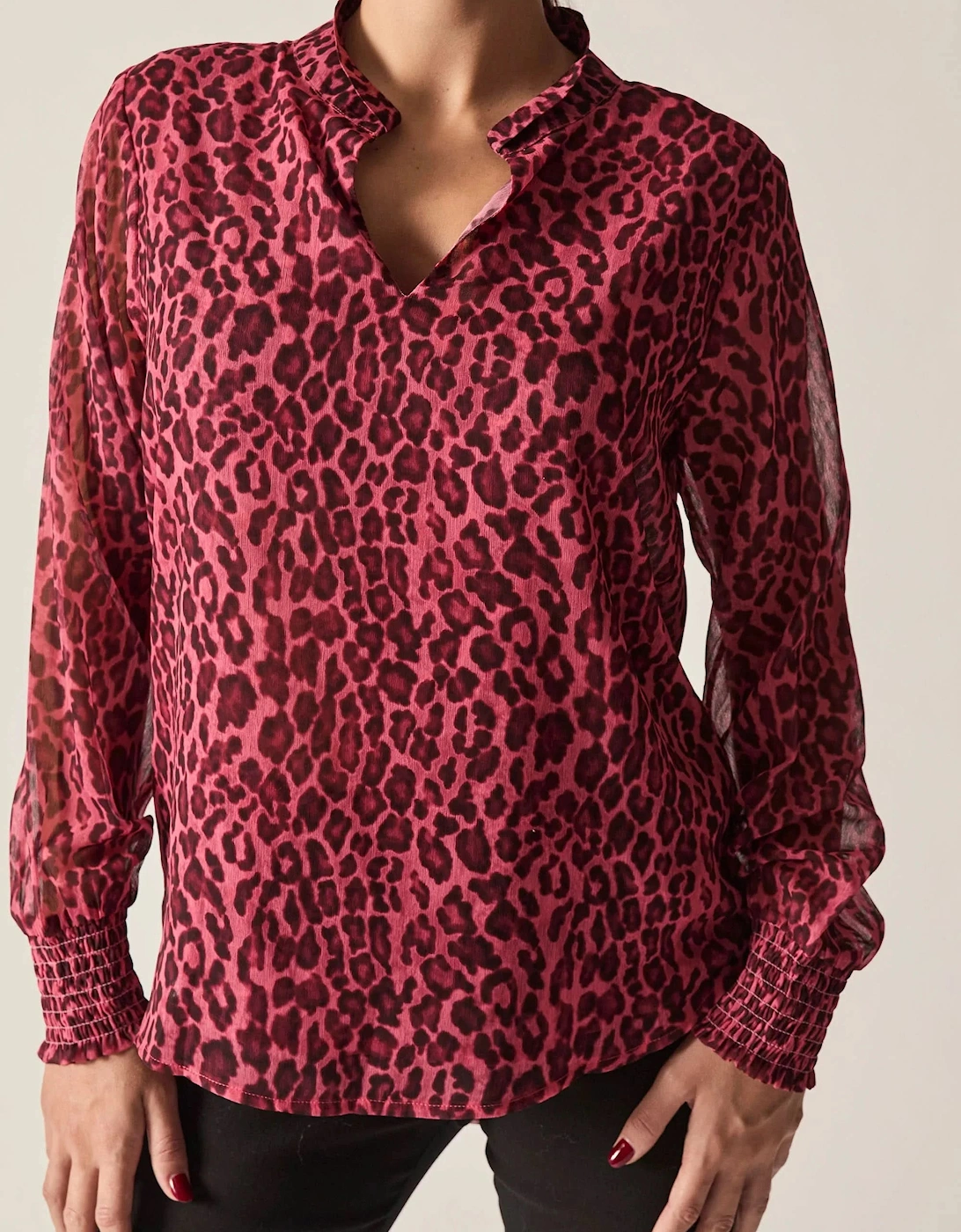 Raspberry Leopard-Print Sheer-Sleeve Blouse