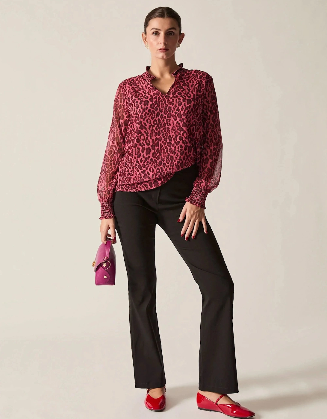 Raspberry Leopard-Print Sheer-Sleeve Blouse