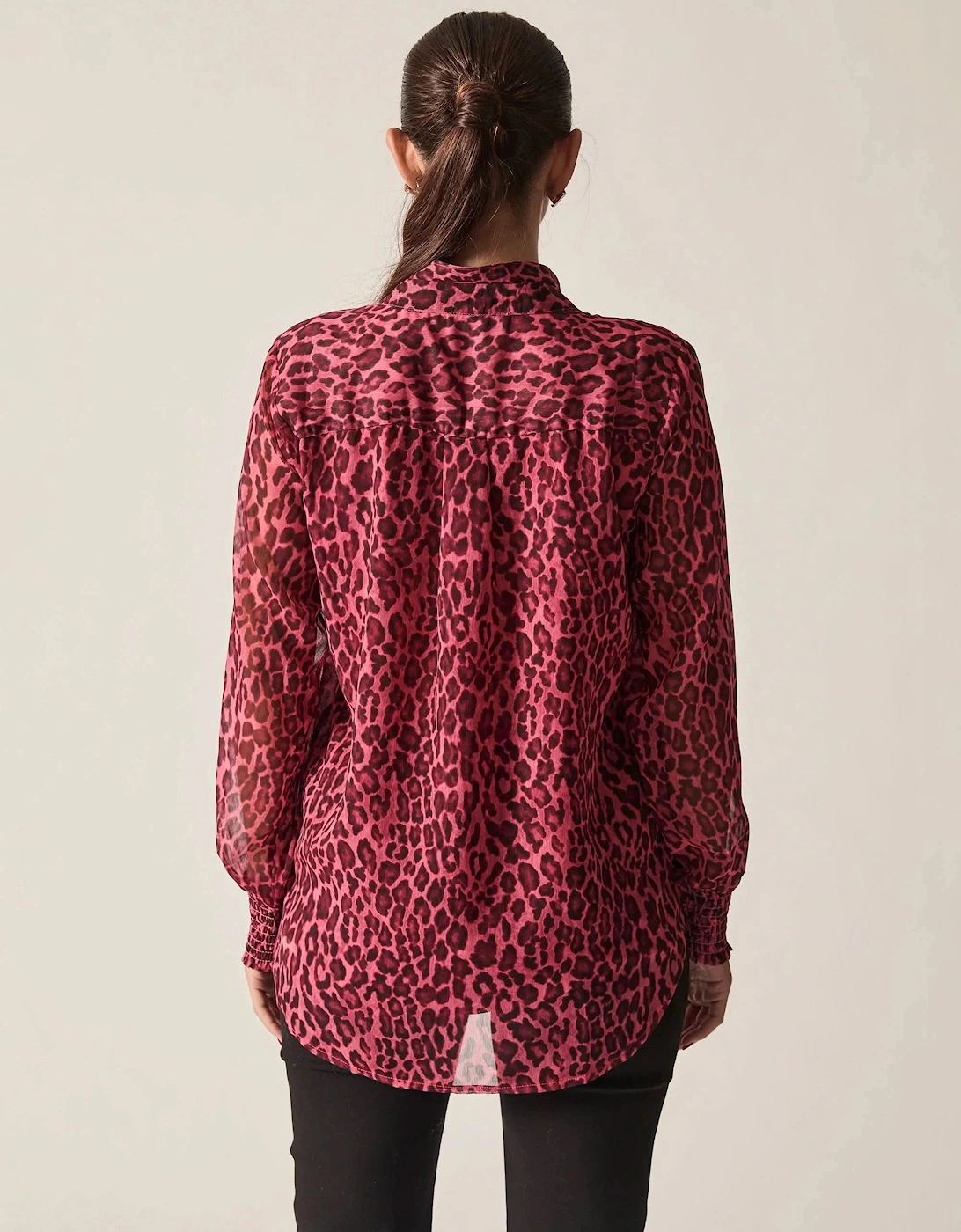 Raspberry Leopard-Print Sheer-Sleeve Blouse