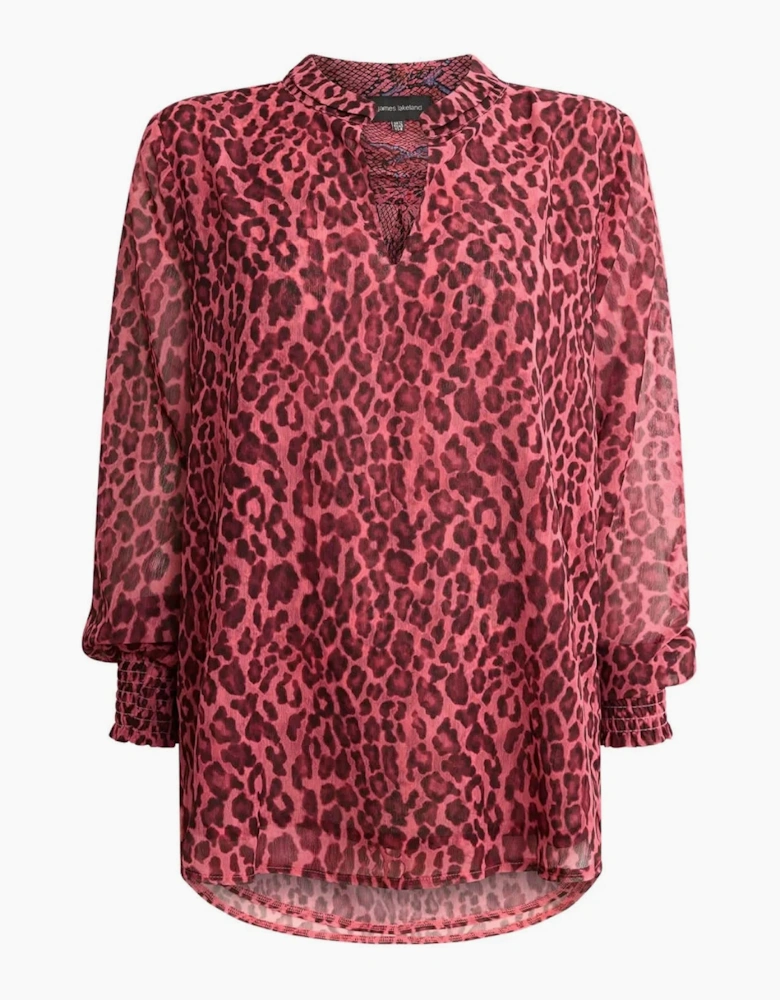 Raspberry Leopard-Print Sheer-Sleeve Blouse