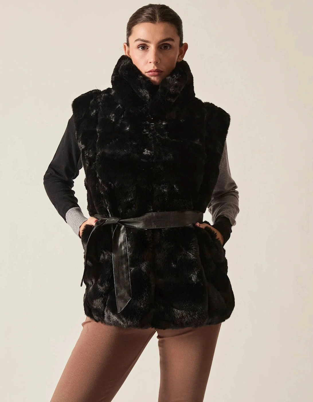 Black Faux-Fur Belted Gilet