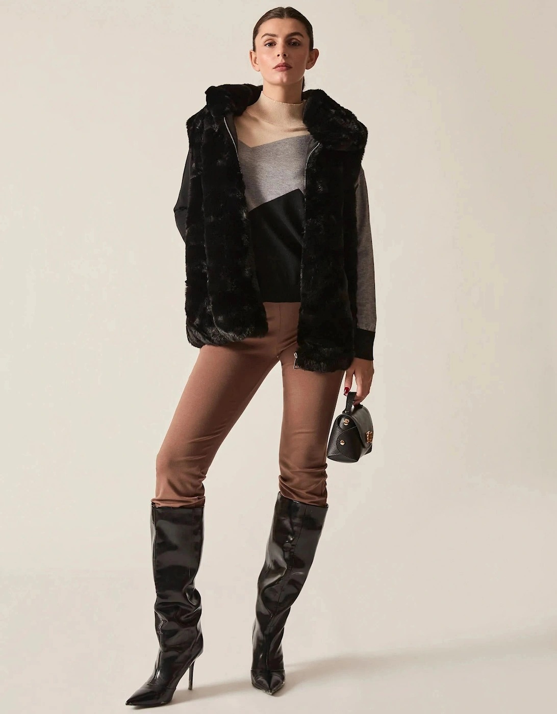 Black Faux-Fur Belted Gilet