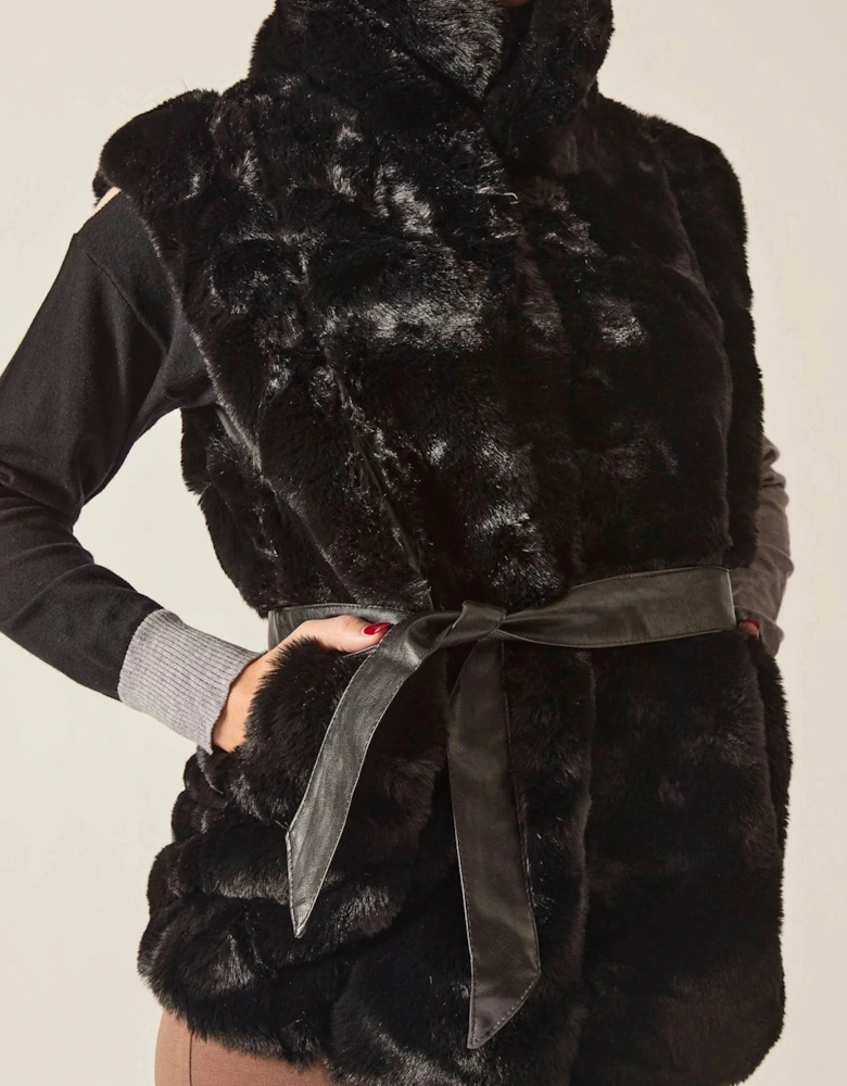 Black Faux-Fur Belted Gilet