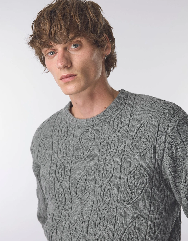 Pretty Green Marylebone Paisley Cable Knit Jumper GREY