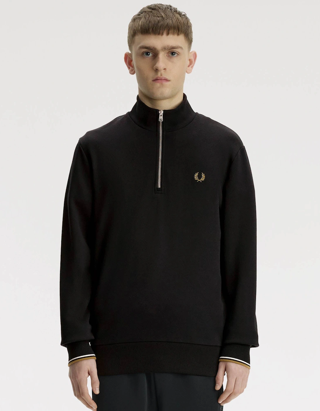 Fred Perry Mens Half Zip Sweatshirt - Black/Snow White/Bronze 59D