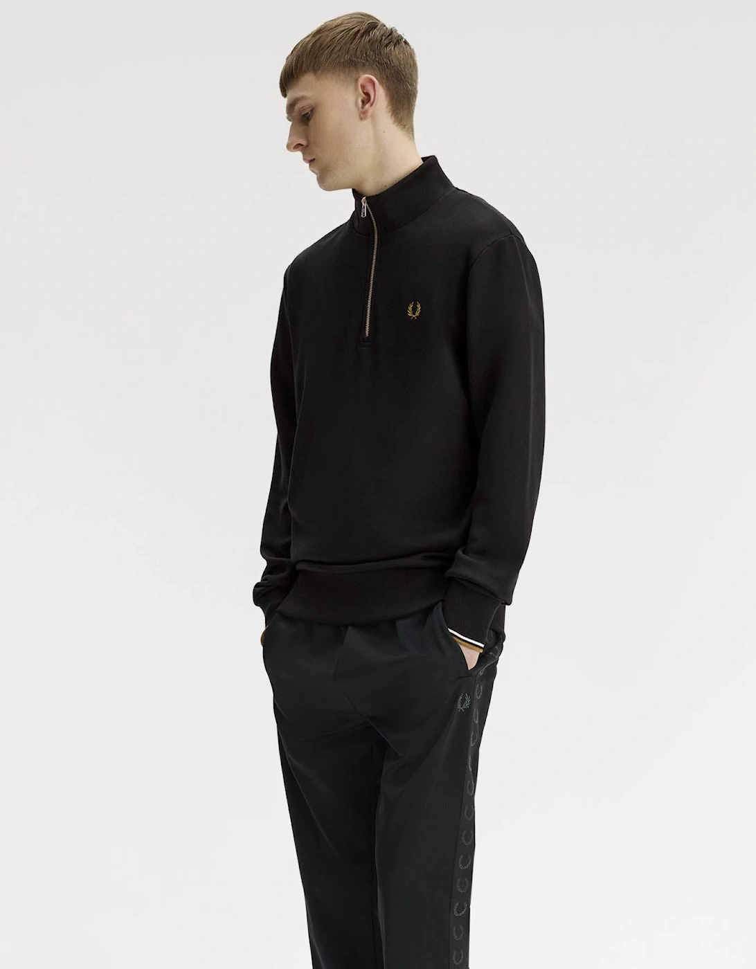Fred Perry Mens Half Zip Sweatshirt - Black/Snow White/Bronze 59D