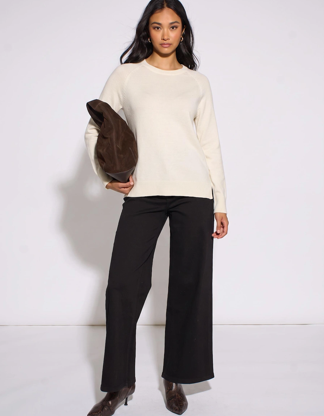 Ivory Crew Neck Fine Knit Oversized Jumper