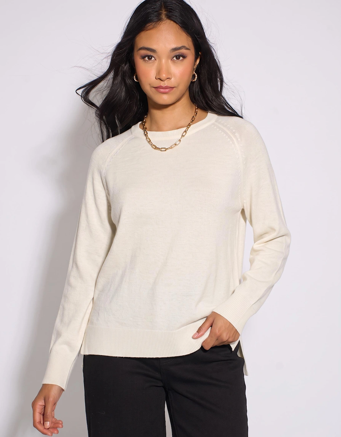 Ivory Crew Neck Fine Knit Oversized Jumper