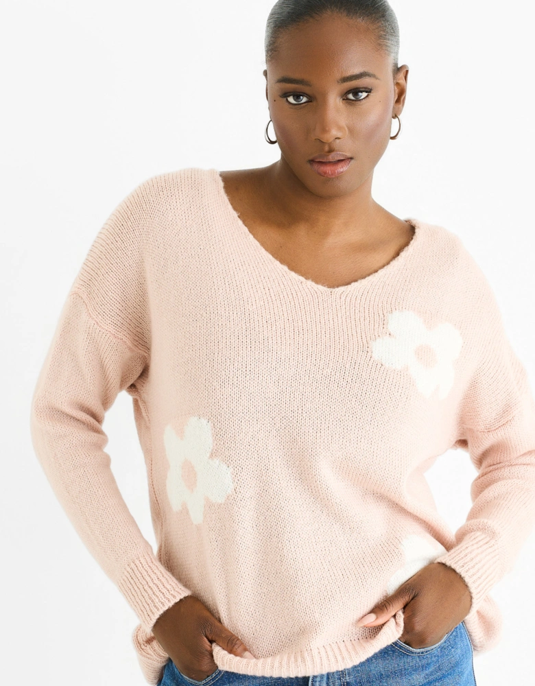 Blush Contrast Flower Pattern Knit Jumper