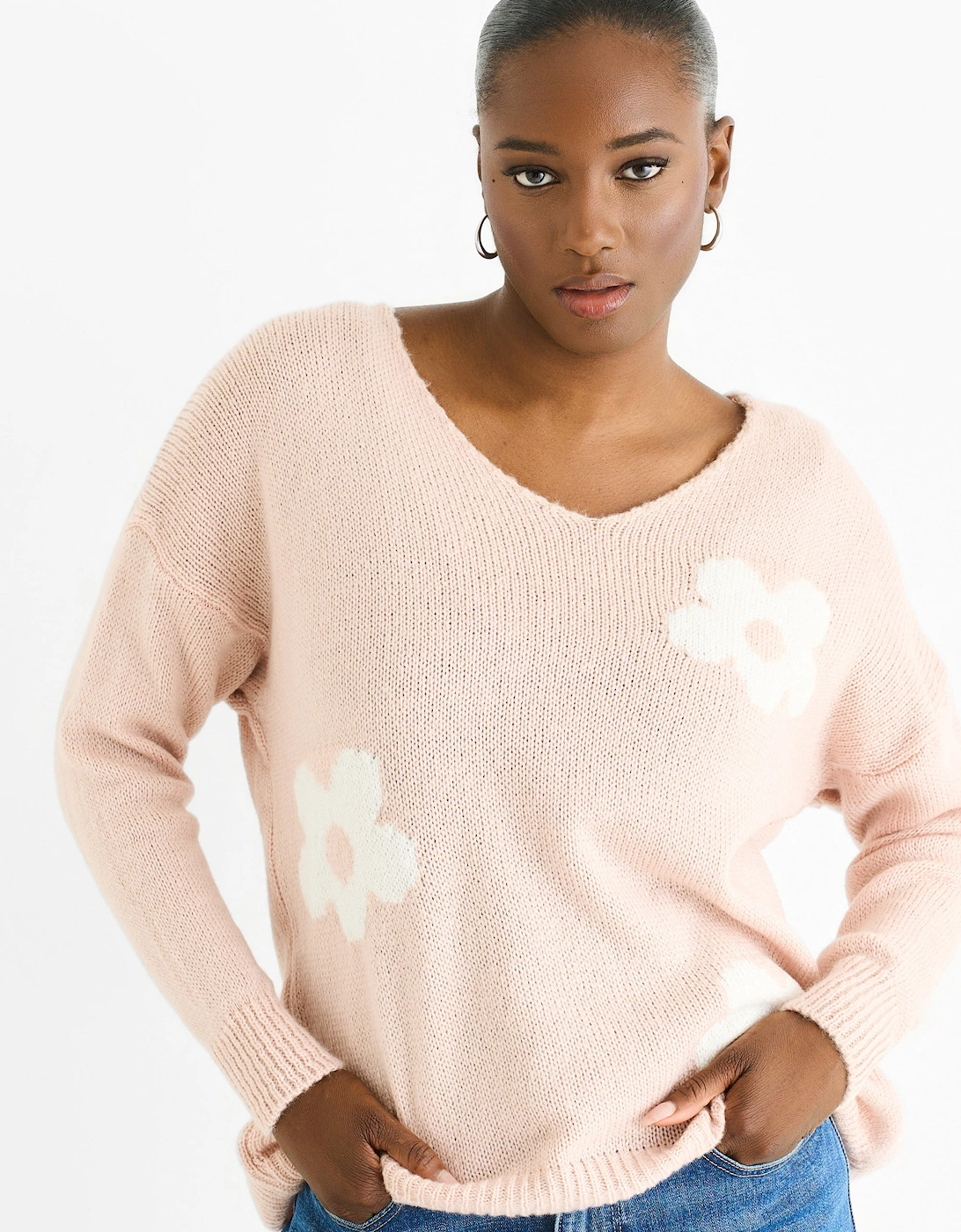 Gini London Women's Pink Blush Contrast Flower Pattern Knit Jumper - Size 10/12