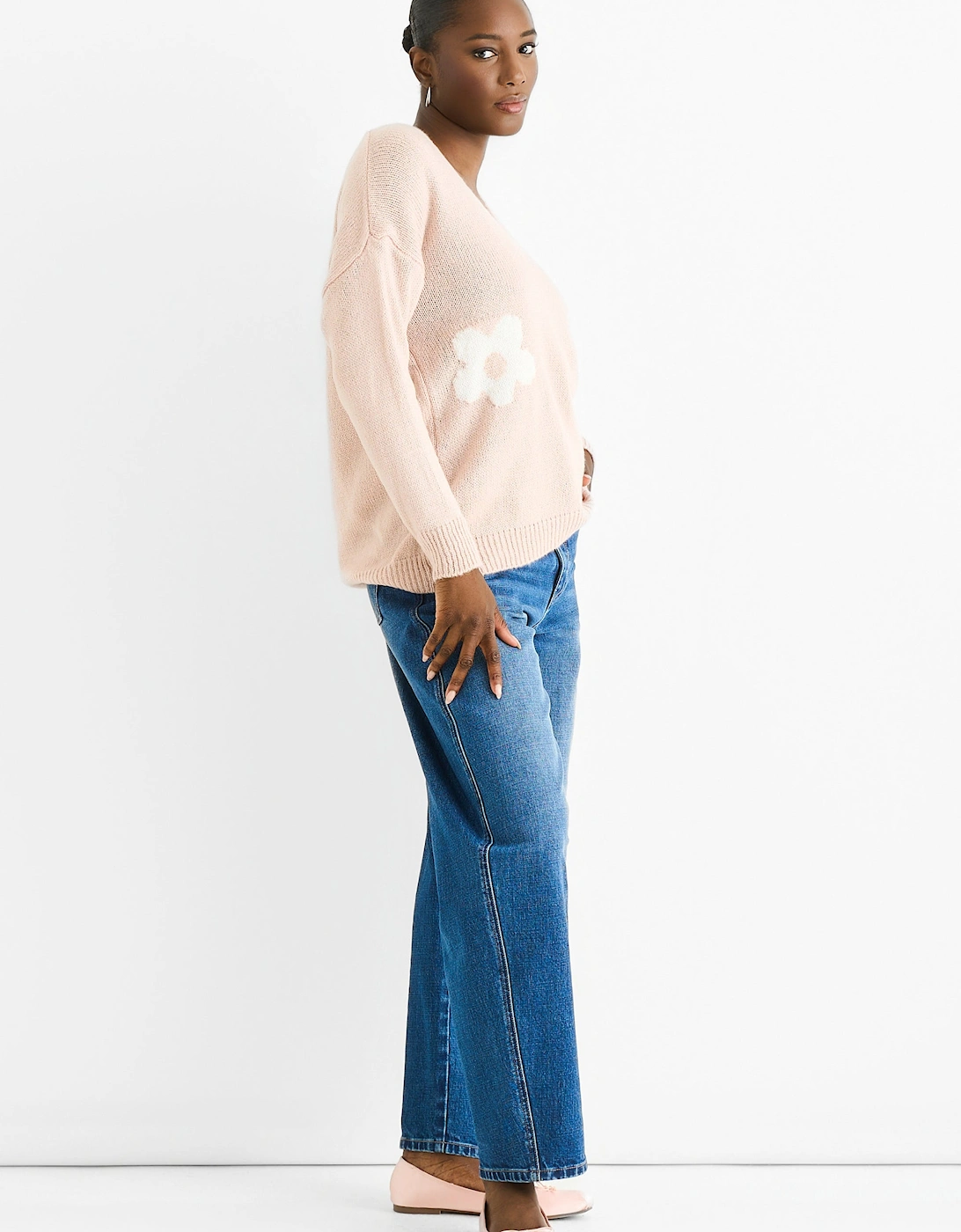Blush Contrast Flower Pattern Knit Jumper