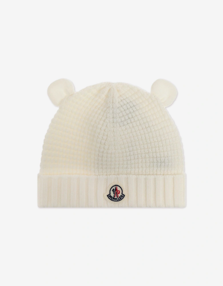Moncler Enfant Baby Wool Beanie Hat with Ears in Ivory