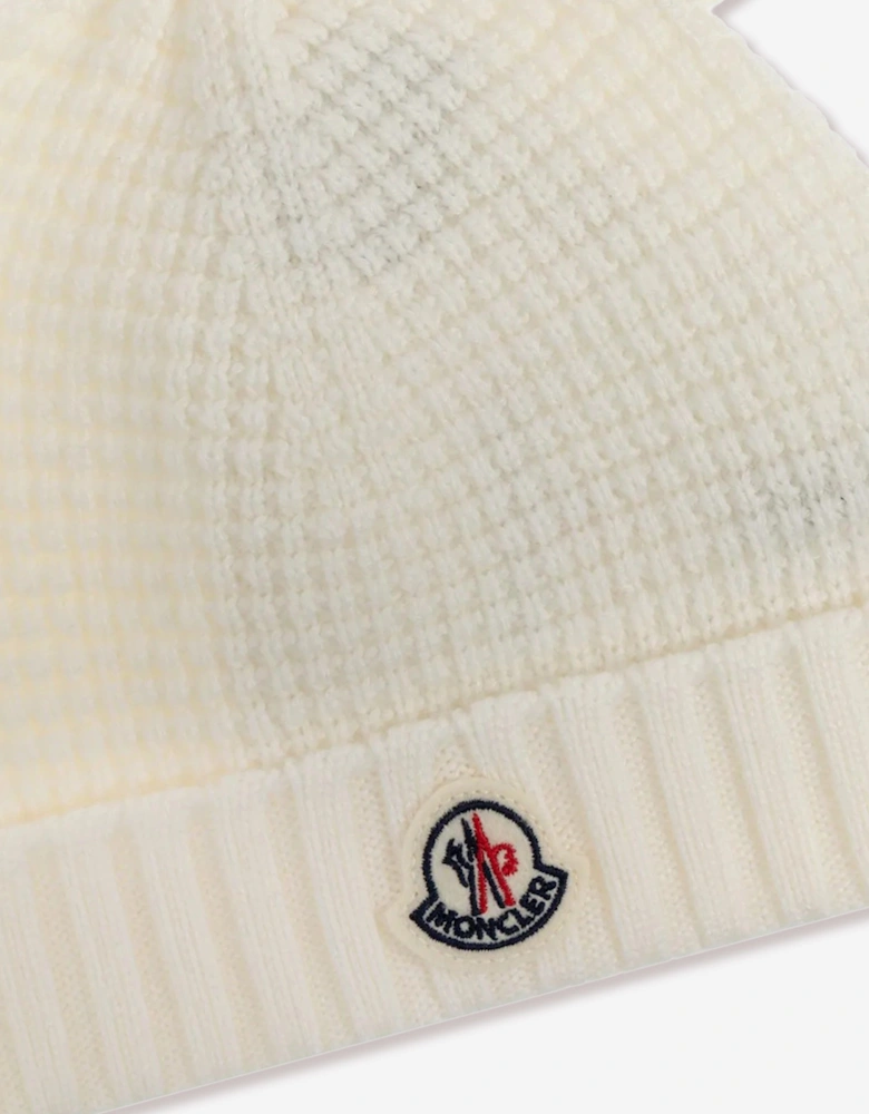 Moncler Enfant Baby Wool Beanie Hat with Ears in Ivory