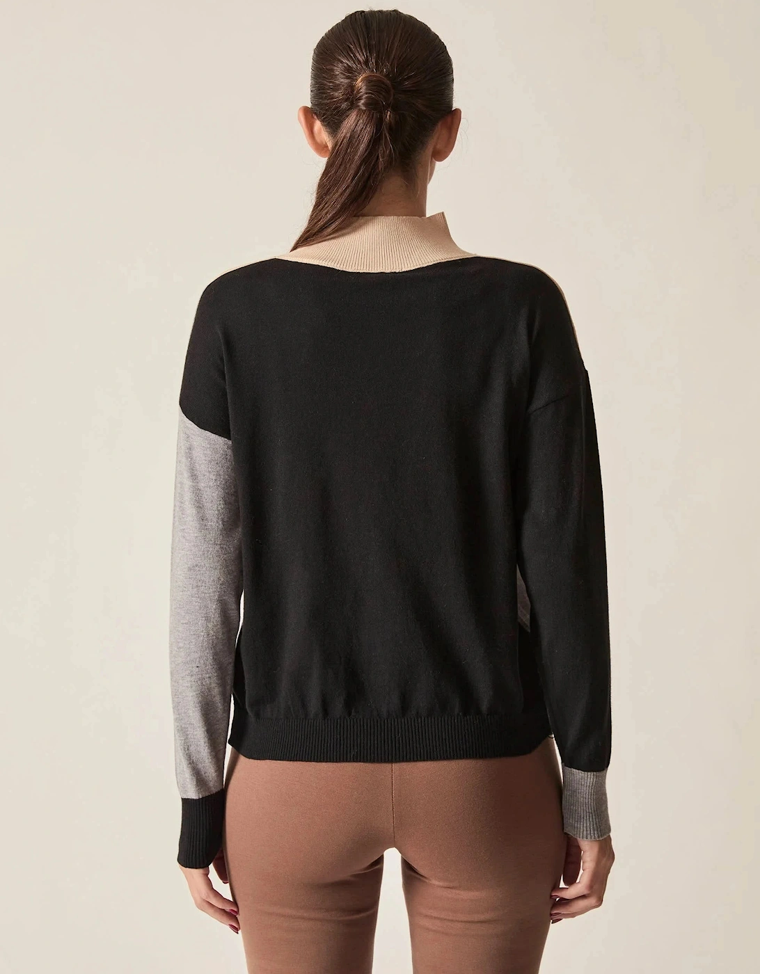 Geometric Colour-Block High-Neck Jumper
