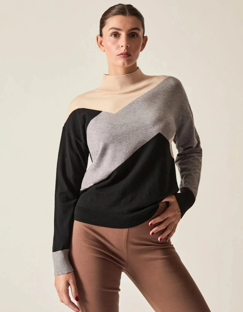 Geometric Colour-Block High-Neck Jumper