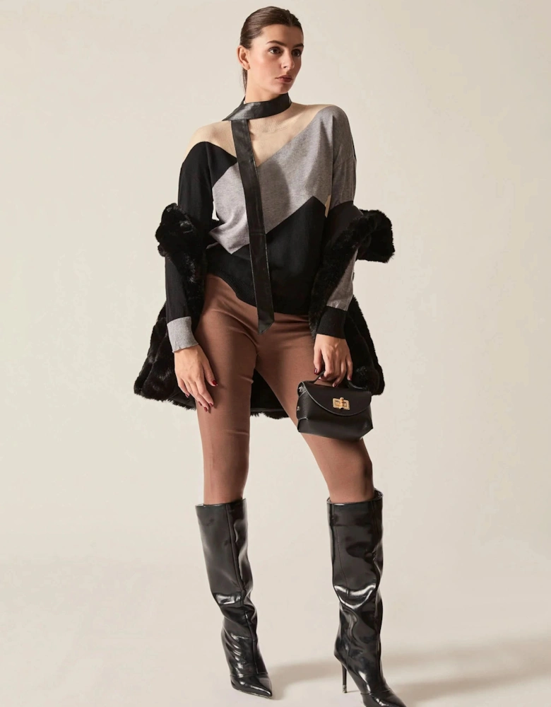 Geometric Colour-Block High-Neck Jumper