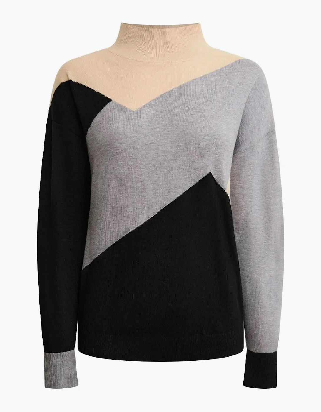 Geometric Colour-Block High-Neck Jumper