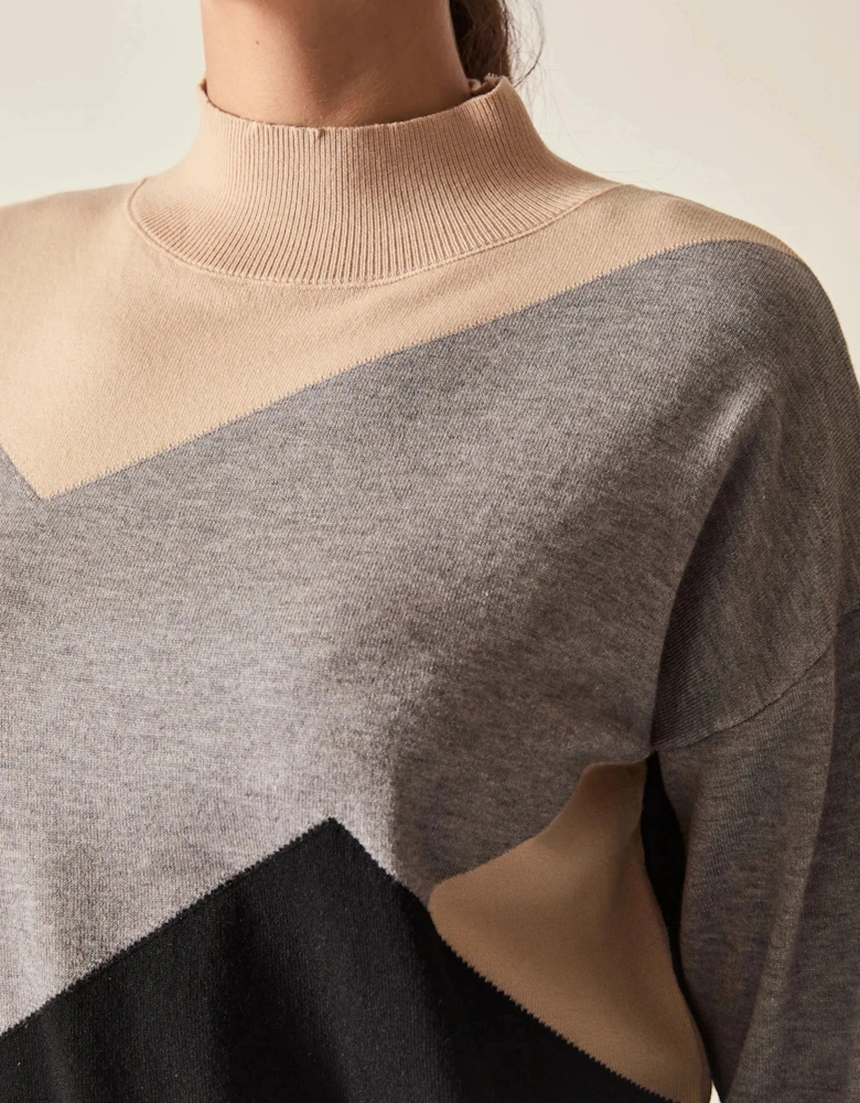 Geometric Colour-Block High-Neck Jumper