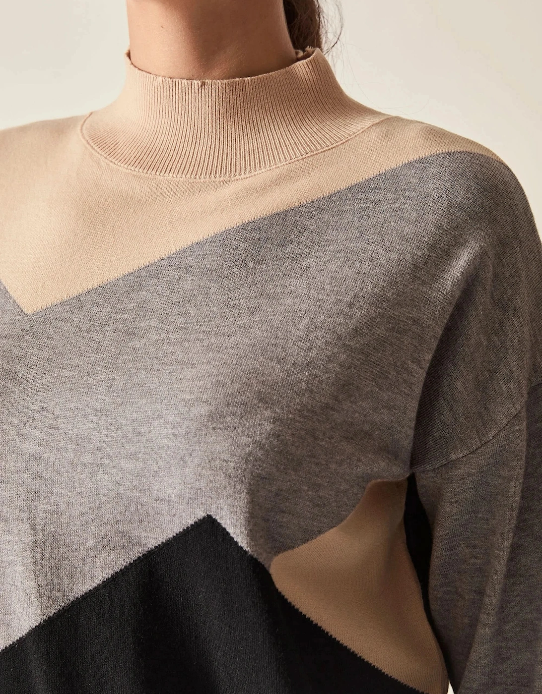 Geometric Colour-Block High-Neck Jumper