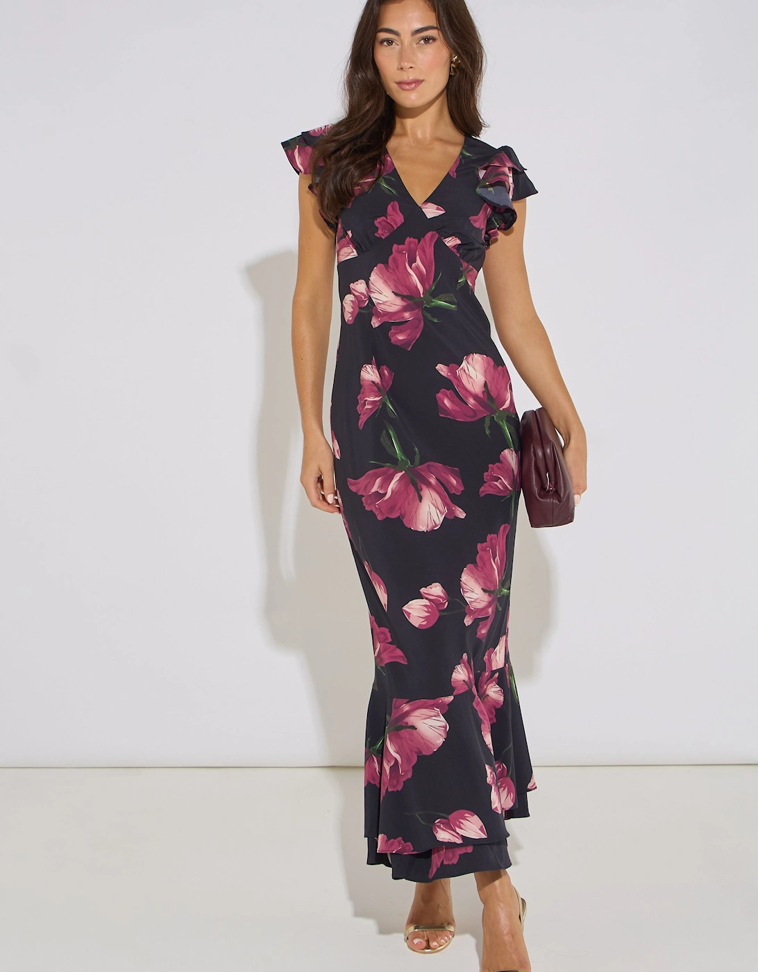 Black Floral Print Ruffle Maxi Dress