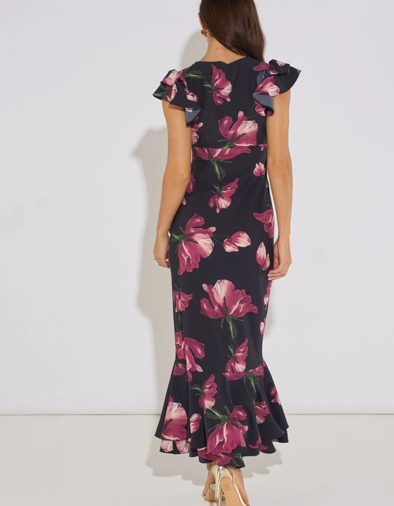 Black Floral Print Ruffle Maxi Dress