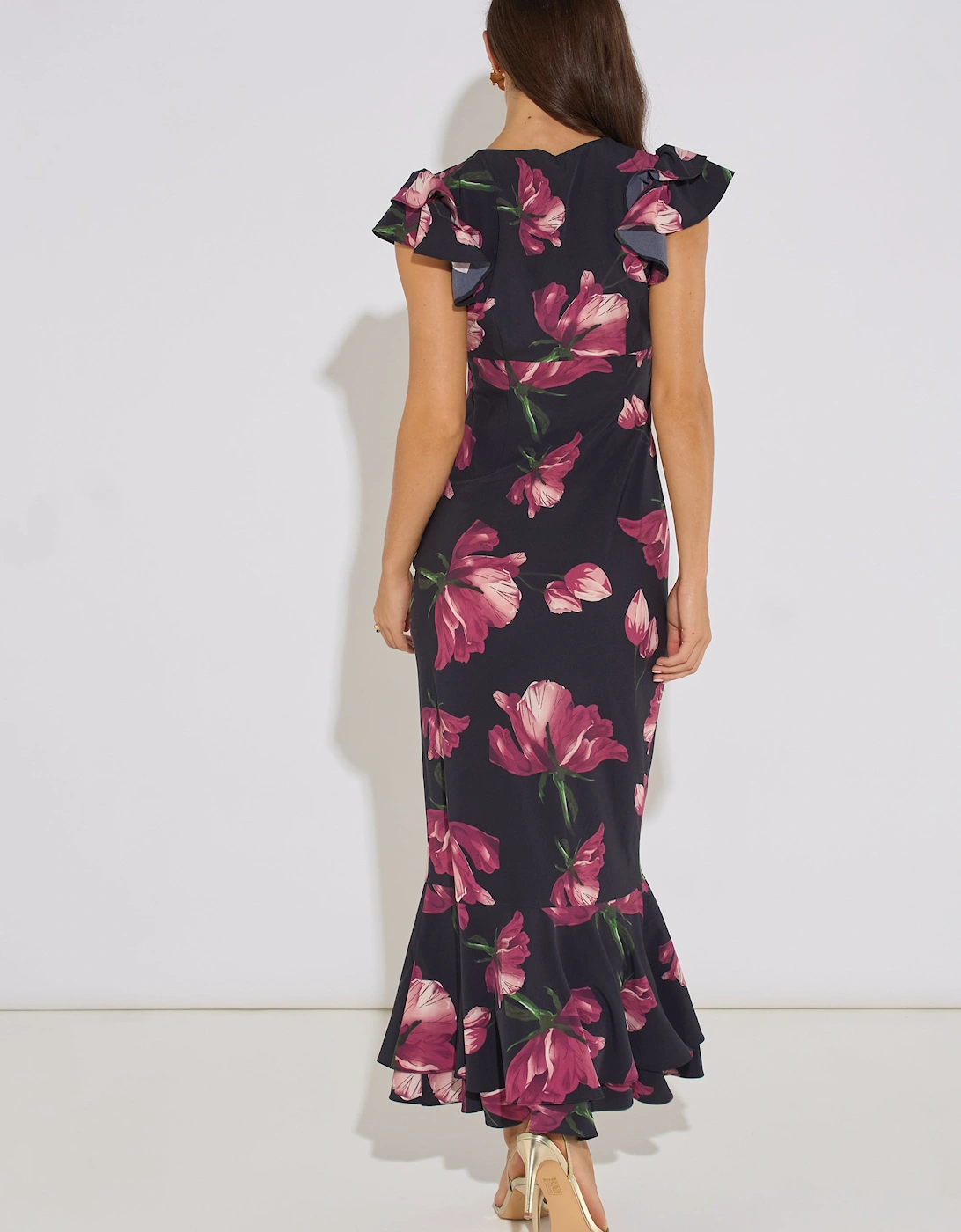 Black Floral Print Ruffle Maxi Dress