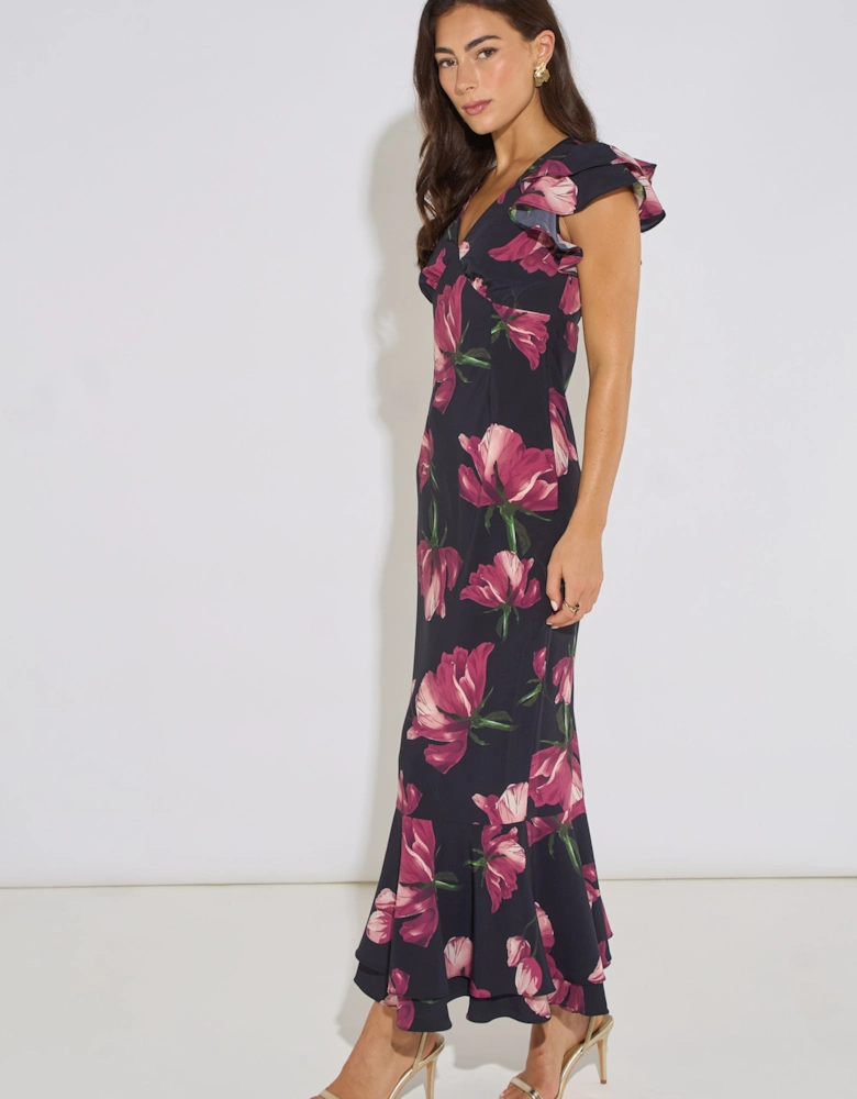 Black Floral Print Ruffle Maxi Dress