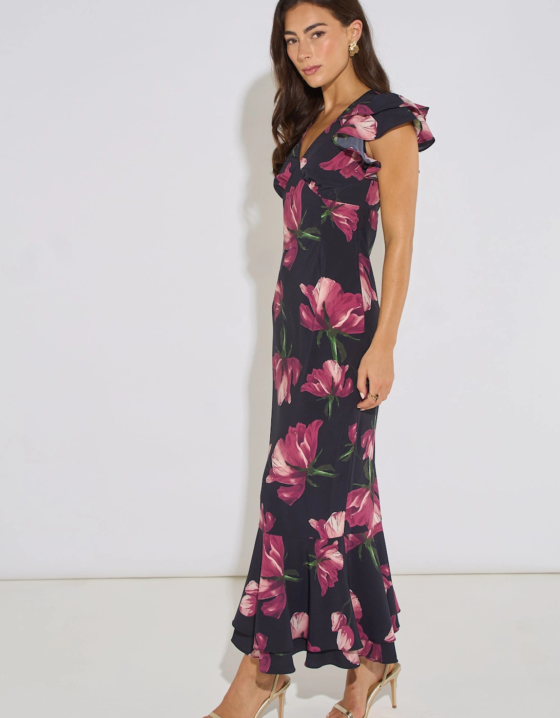 Black Floral Print Ruffle Maxi Dress