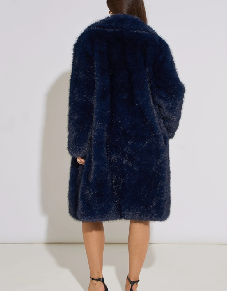 Dark Blue Panelled Faux Fur Longline Jacket
