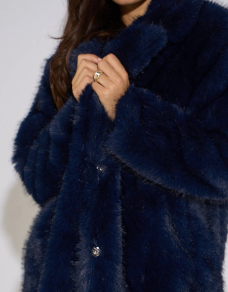 Dark Blue Panelled Faux Fur Longline Jacket